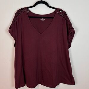 Lane Bryant‎ Women's Swing Tee Maroon Crochet Detail sz 22/24 Cotton Stretch